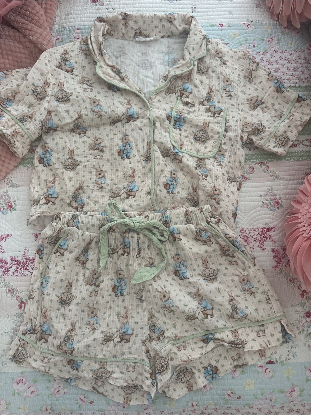 Peach love Beige Bunny Print Short Pajama Set with Green Trim